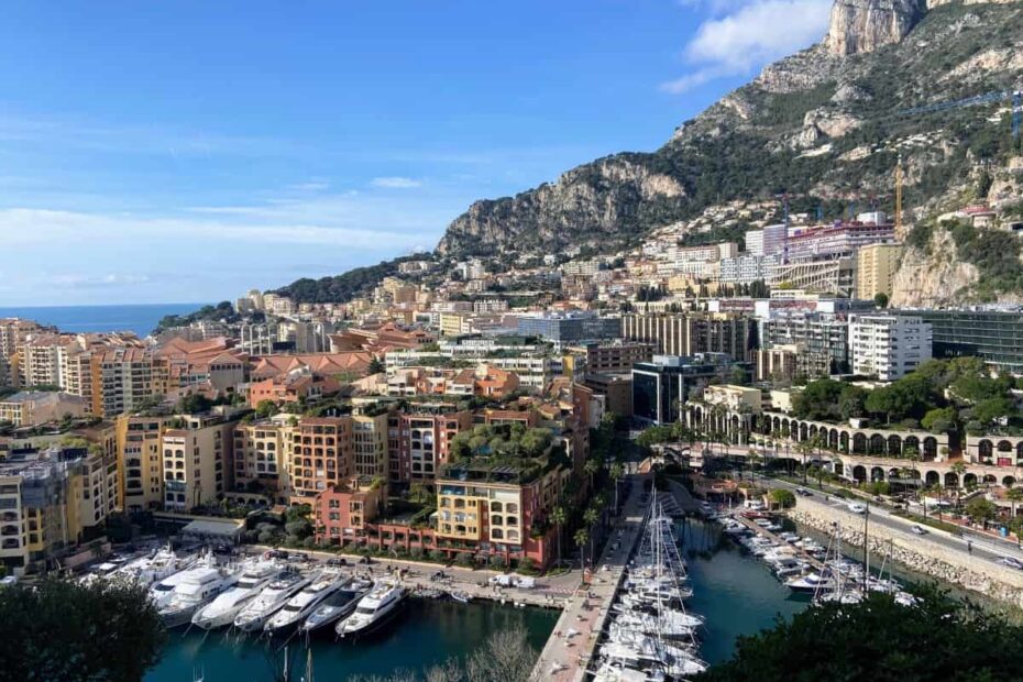 View from Monaco-Ville of Fontvielle port with colourful houses cascading up the hill
