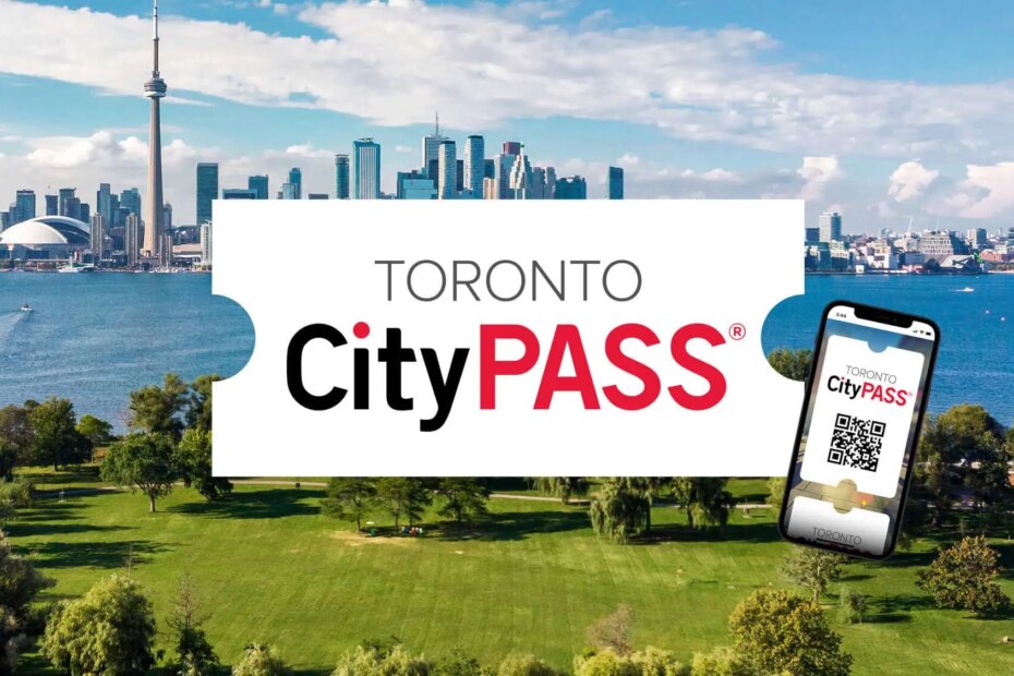Toronto CityPASS logo and phone icon on top of the Toronto skyline photograph